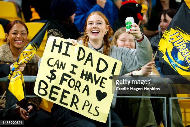 Fan poses during the round 10 Super Rugby Pacific match between Hurricanes and ACT Brumbies at Sky Stadium, on April 28 in Wellington, New Zealand.