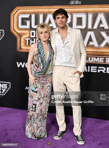 Drake Rodger and Meg Donnelly attend the World Premiere of Marvel Studios' "Guardians of the Galaxy Vol. 3" on April 27, 2023 in Hollywood,...