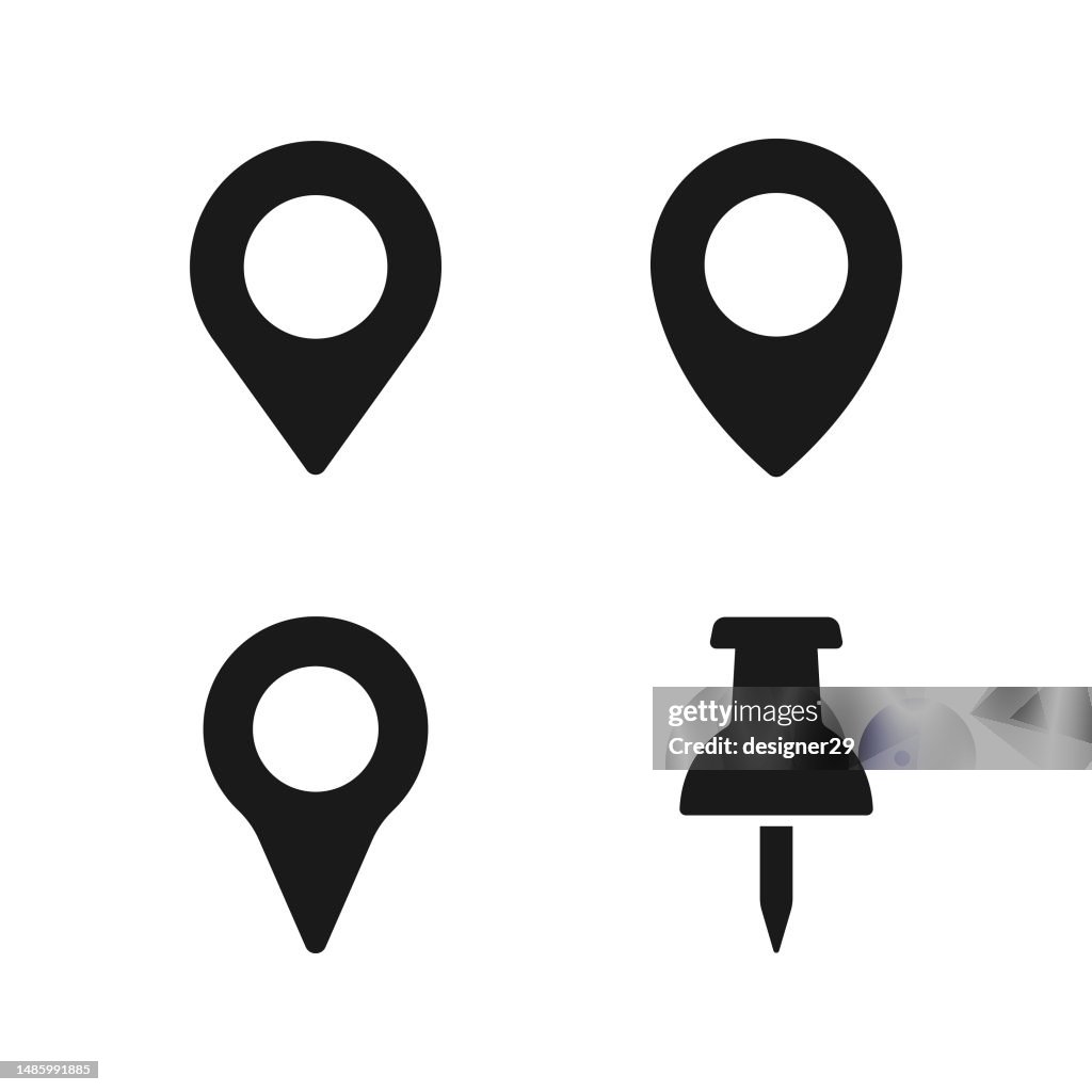 Ubicación e icono de pin de mapa Establecer diseño vectorial sobre fondo blanco.