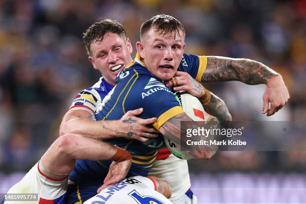 Maine Hopgood of the Eels looks to pass as he is tackled during the round nine NRL match between Parramatta Eels and Newcastle Knights at CommBank...