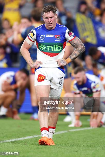 Kurt Mann of the Knights looks dejected after a try during the round nine NRL match between Parramatta Eels and Newcastle Knights at CommBank Stadium...