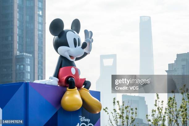 Sculpture of Disney's classic ip Mickey Mouse is seen at an outdoor square on April 28, 2023 in Shanghai, China. 2023 marks the 100th anniversary of...