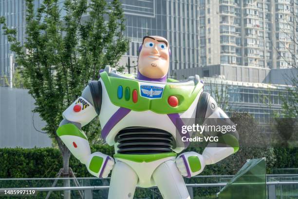 Sculpture of Disney's classic ip Buzz Lightyear is seen at an outdoor square on April 28, 2023 in Shanghai, China. 2023 marks the 100th anniversary...