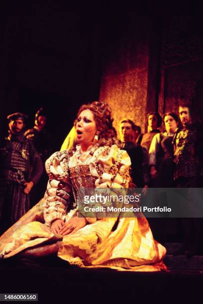 The Italian soprano Mirella Freni as Desdemona sings seated in the opera Otello performed at the Teatro alla Scala. Milan , December 7th, 1976.