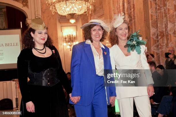 Hat designer/ shows organizer Mira Belle beetween her assistants walk the runway during “Montmartre Celebre La Femme” Fashion Shows at Mairie du...