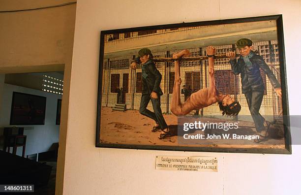 painting "the horrors of tuol sleng or museum of genocidal crimes (s-21)" painted by prisoner of pol pot/khmer rouge regime. - cambodia genocide stock pictures, royalty-free photos & images