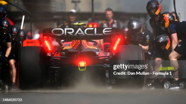 Sergio Perez of Mexico driving the Oracle Red Bull Racing RB19 stops in the Pitlane during practice ahead of the F1 Grand Prix of Azerbaijan at Baku...