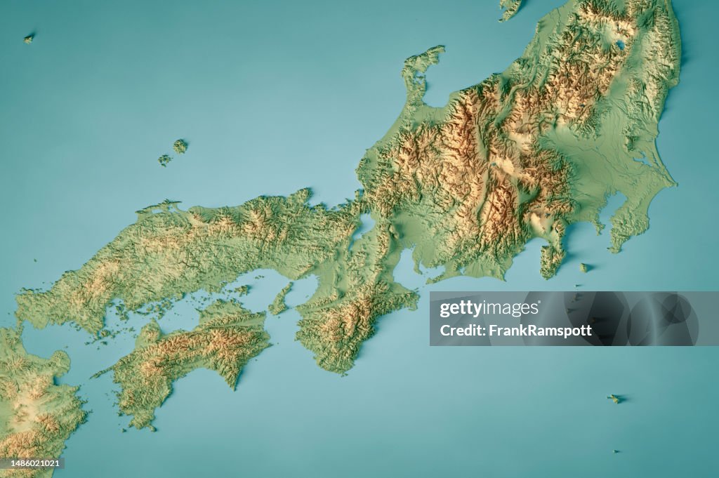 Japan Tokyo Hiroshima Topographic Map Horizontal 3D Render Color