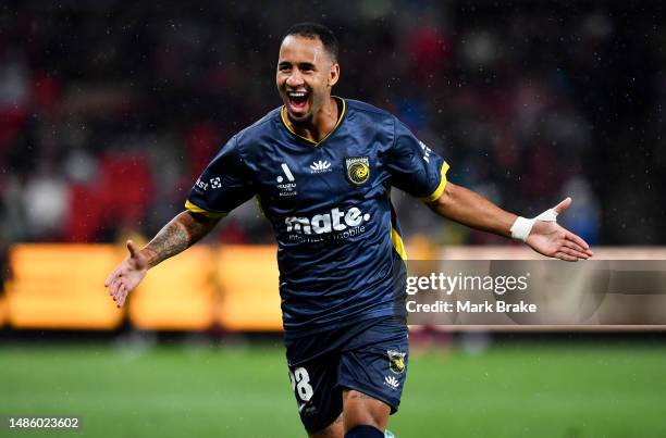 Marco Túlio of the Mariners celebrates after scoring his teams third goal during the round 26 A-League Men's match between Adelaide United and...