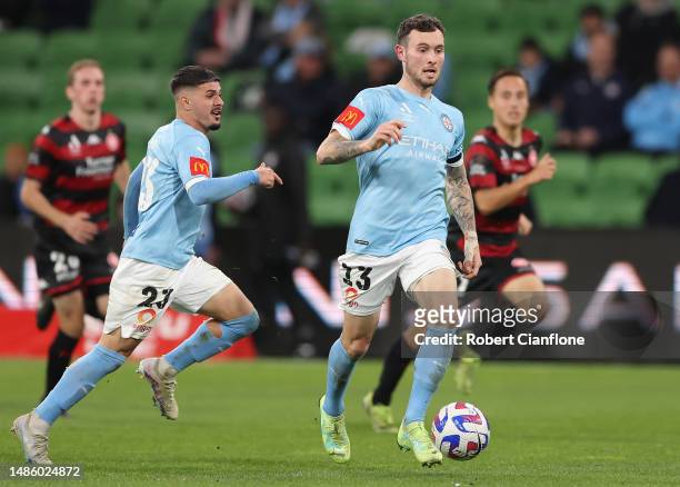 Aiden O'Neill of Melbourne City runs with the ball during the round 26 A-League Men's match between Melbourne City and Western Sydney Wanderers at...