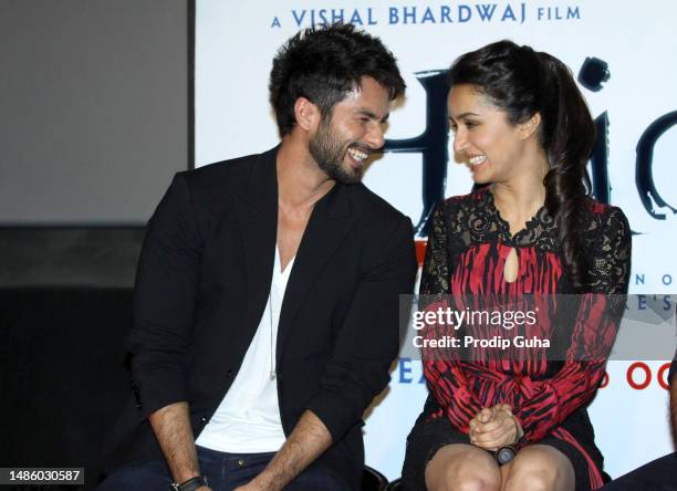Shahid Kapoor and Shraddha Kapoor attend the trailer launch of film 'Haider' on July 08, 2014 in Mumbai, India
