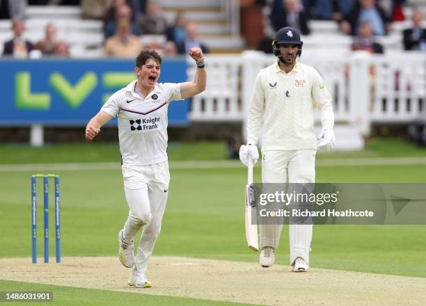 Ethan Bamber of Middlesex celebrates taking the wicket of Ben Compton of Kent during the LV= Insurance County Championship Division 1 match between...