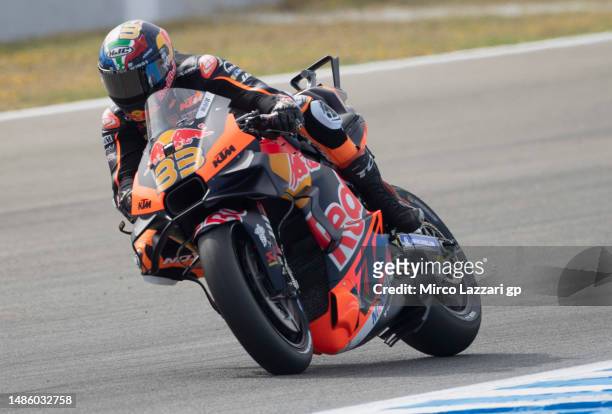 Brad Binder of South Africa and Red Bull KTM Factory Racing heads down a straight during the MotoGP Of Spain - Free Practice on April 28, 2023 in...