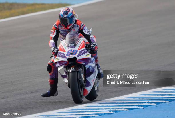 Jorge Martin of Spain and Pramac Racing heads down a straight during the MotoGP Of Spain - Free Practice on April 28, 2023 in Jerez de la Frontera,...