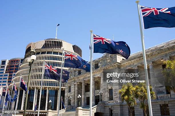 new zealand flags flying in front of the beehive and new zealand's parliament house. - australian government stockfoto's en -beelden