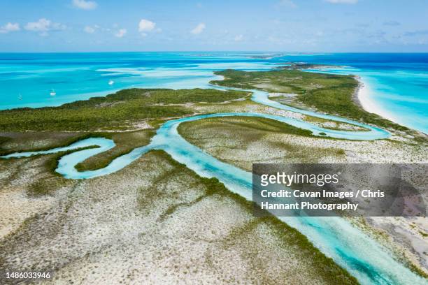 aerial of shroud cay turquoise waters, exuma islands bahamas - mystery island stock pictures, royalty-free photos & images