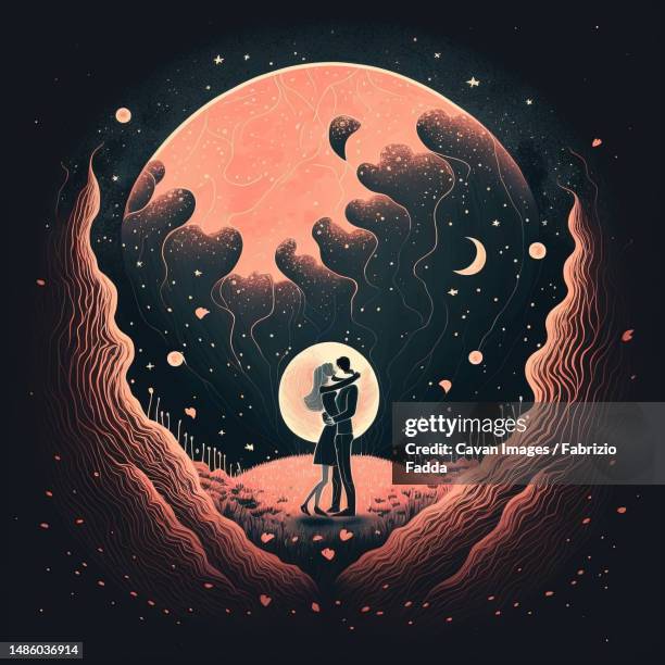 a dreamy illustration of a couple dancing under a full moon and stars - moonlight lovers stock pictures, royalty-free photos & images