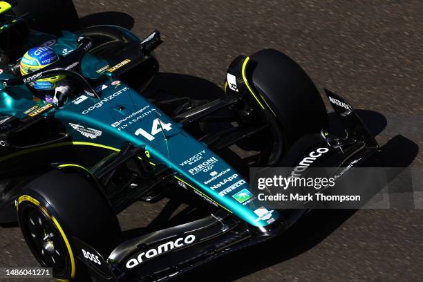 Fernando Alonso of Spain driving the Aston Martin AMR23 Mercedes on track during practice ahead of the F1 Grand Prix of Azerbaijan at Baku City...