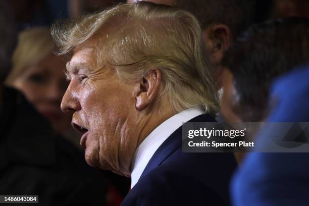 Former President Donald Trump speaks at a campaign rally on April 27, 2023 in Manchester, New Hampshire. Trump, who is currently dealing with a...