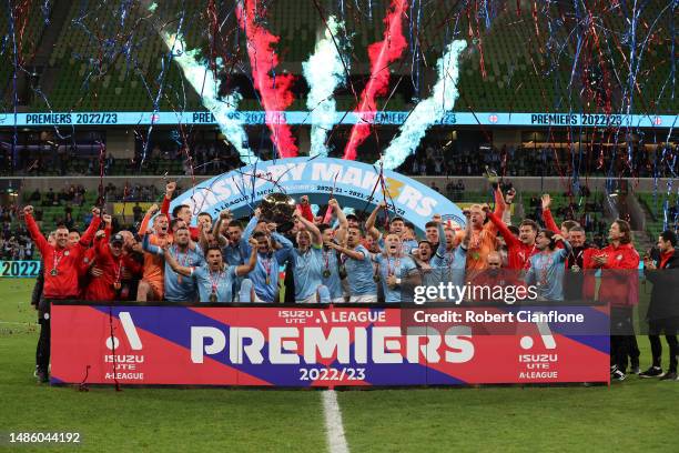 Melbourne City celebrate after they were presented with the Premiers Plate, during the round 26 A-League Men's match between Melbourne City and...