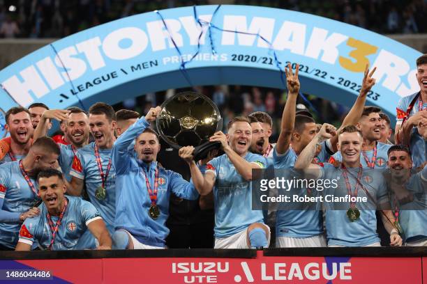 Melbourne City celebrate after they were presented with the Premiers Plate, during the round 26 A-League Men's match between Melbourne City and...