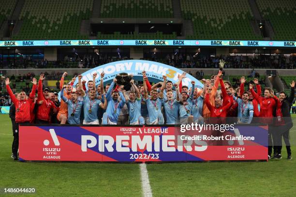 Melbourne City celebrate after they were presented with the Premiers Plate, during the round 26 A-League Men's match between Melbourne City and...