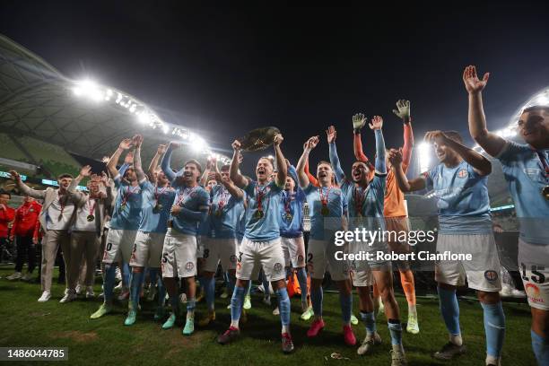 Melbourne City celebrate after they were presented with the Premiers Plate, during the round 26 A-League Men's match between Melbourne City and...