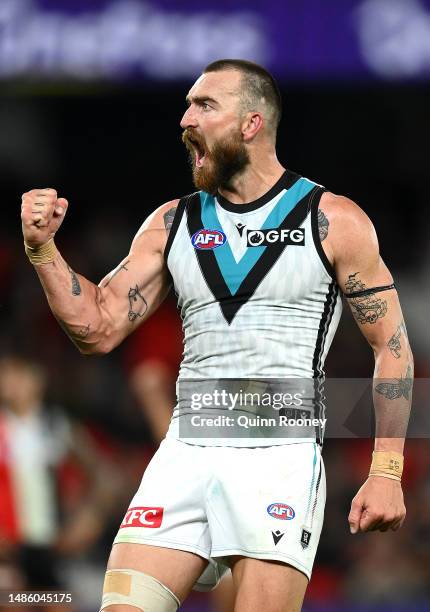 Charlie Dixon of the Power celebrates kicking a goal during the round seven AFL match between St Kilda Saints and Port Adelaide Power at Marvel...
