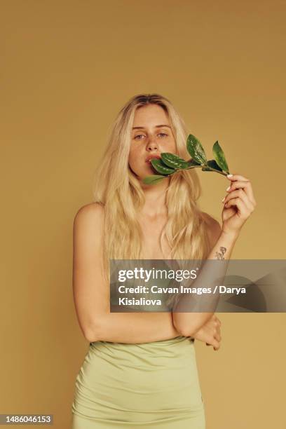 blonde freckles woman and natural make-up holding leaves - belarus nature stock pictures, royalty-free photos & images