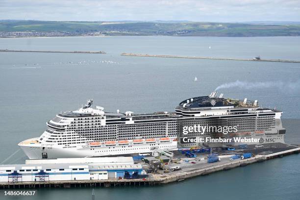 Virtuosa, the largest cruise ship to visit this season, is seen docked in Portland Port, part of a three-day round trip of Northern Europe, on April...