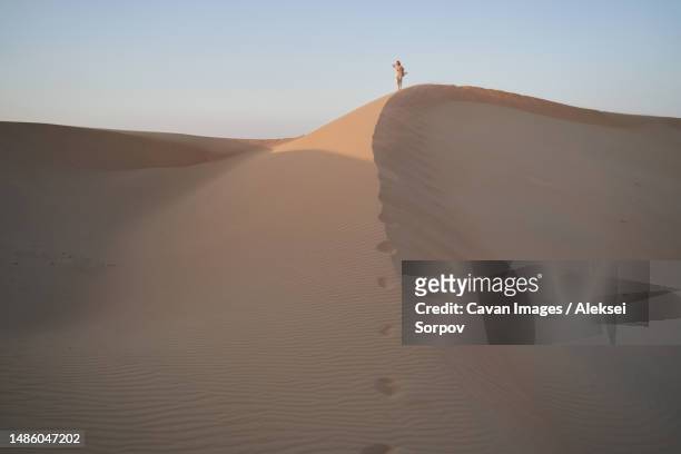 female traveler is enjoying vacation staying on top of dune - hot arab women stock pictures, royalty-free photos & images