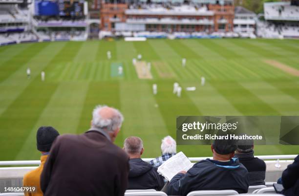 Spectators watch the action during the LV= Insurance County Championship Division 1 match between Middlesex and Kent at Lord's Cricket Ground on...