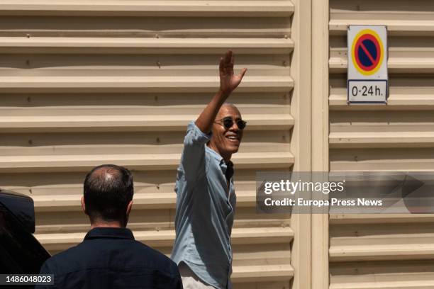 Former U.S. President Barack Obama waves as he leaves the Sagrada Familia, April 28 in Barcelona, Catalonia, Spain. Barack Obama and his wife,...