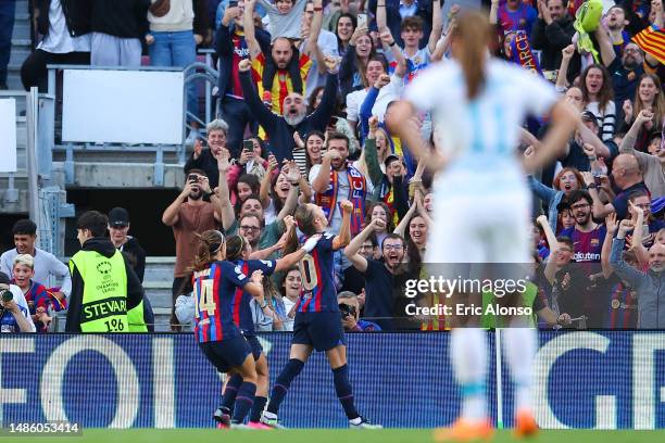 Caroline Graham Hansen FC Barcelona celebrates after scoring the team's first goal with her teammates during the UEFA Women's Champions League...