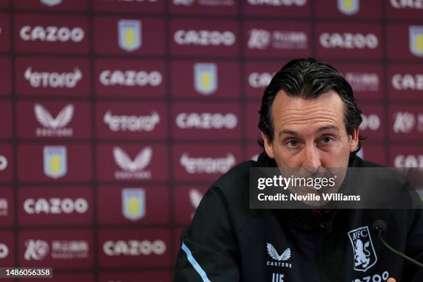 Unai Emery head coach of Aston Villa talks to the press during press conference at Bodymoor Heath training ground on April 28, 2023 in Birmingham,...