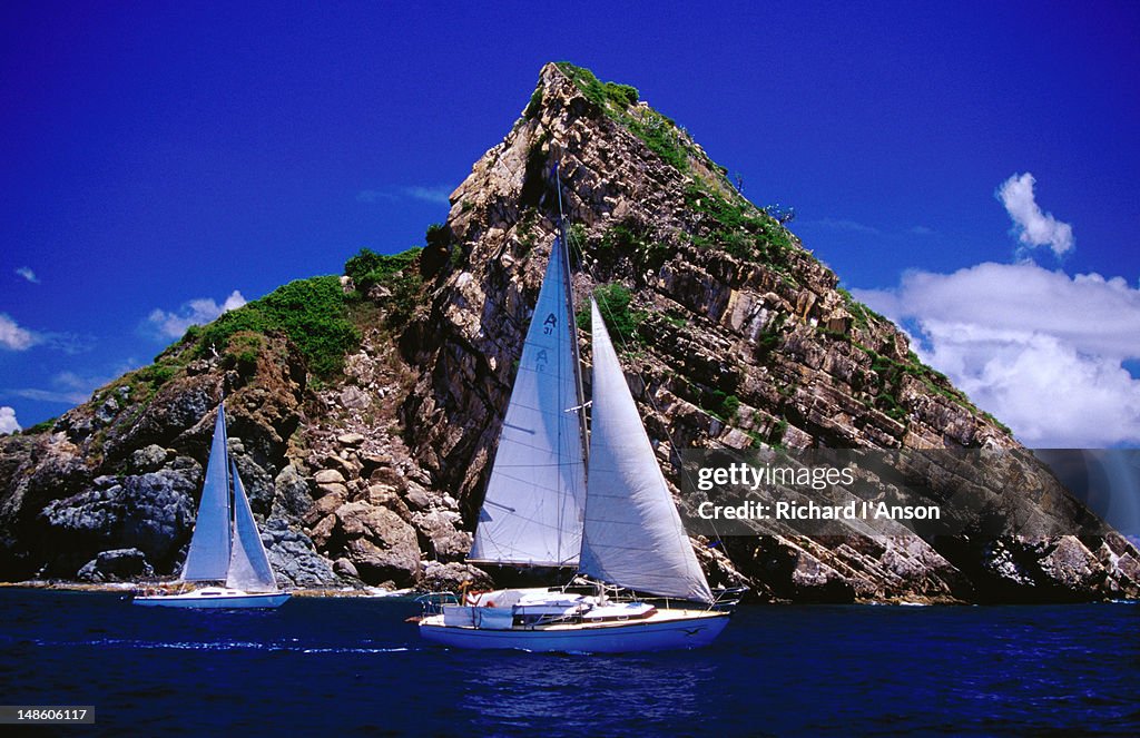 Yachts sailing on Caribbean Sea off St Barts.