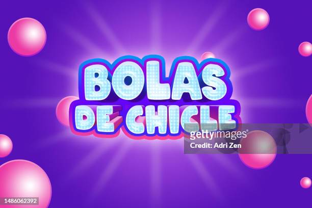 the words bolas de chicle on a purple background - chicle stockfoto's en -beelden