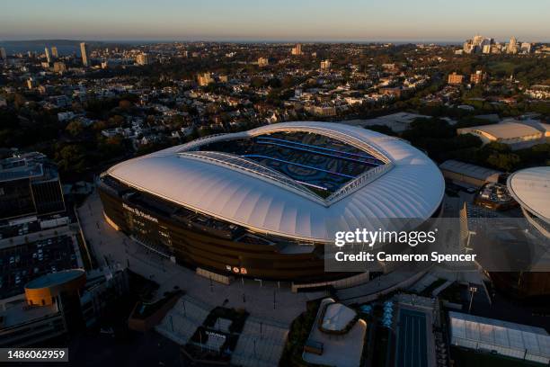 An aerial view of Sydney Football Stadium on April 28, 2023 in Sydney, Australia. The stadium will be a venue hosting matches during the 2023 FIFA...