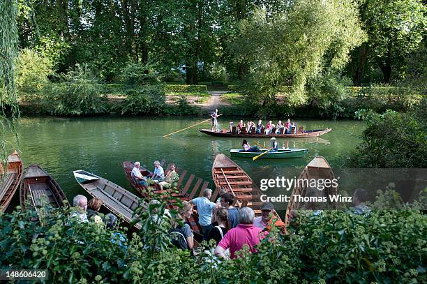 people punting on neckar river. - tübingen stock pictures, royalty-free photos & images