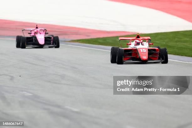 Marta Garcia of Spain and PREMA Racing leads Abbi Pulling of Great Britain and Rodin Carlin on track during qualifying prior to the F1 Academy Series...