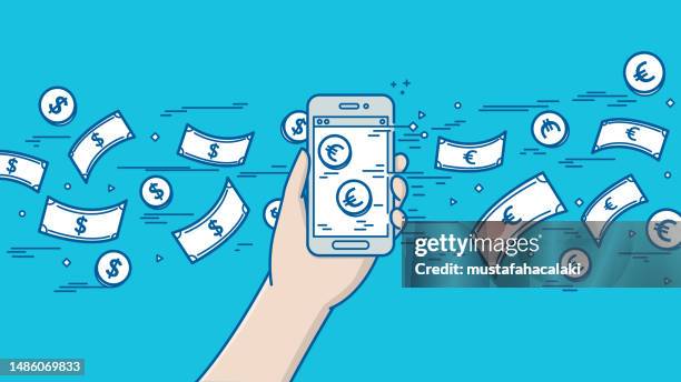 using mobile phone to exchange us currency to european union currency - holding wallet stock illustrations