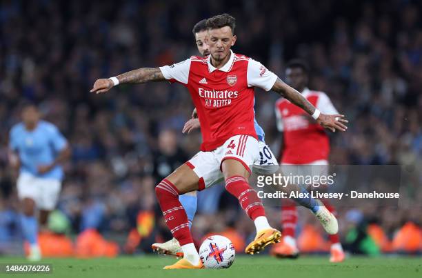 Ben White of Arsenal FC during the Premier League match between Manchester City and Arsenal FC at Etihad Stadium on April 26, 2023 in Manchester,...