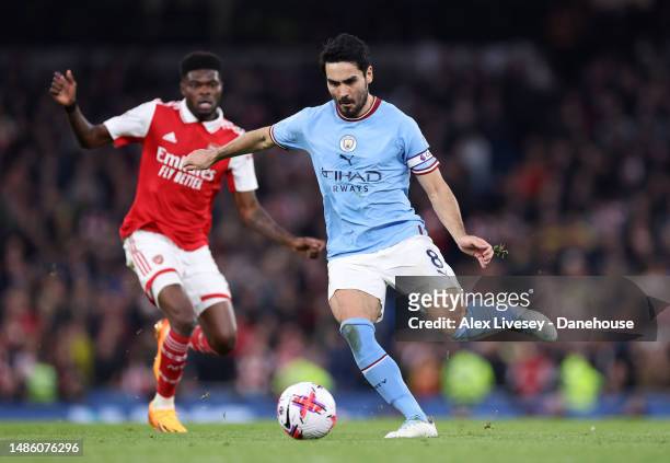 Ilkay Gundogan of Manchester City during the Premier League match between Manchester City and Arsenal FC at Etihad Stadium on April 26, 2023 in...