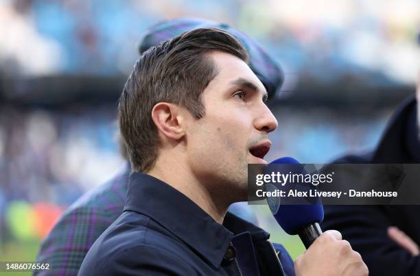 Actor Phil Dunster from the television show Ted Lasso is interviewed prior to the Premier League match between Manchester City and Arsenal FC at...