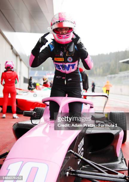 Abbi Pulling of Great Britain and Rodin Carlin celebrates in parc ferme after winning pole position in Qualifying 1 and 2 prior to the F1 Academy...