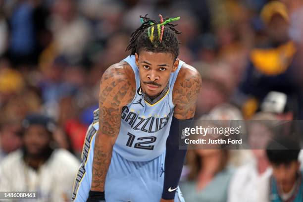 Ja Morant of the Memphis Grizzlies looks on against the Los Angeles Lakers during Game Five of the Western Conference First Round Playoffs at...