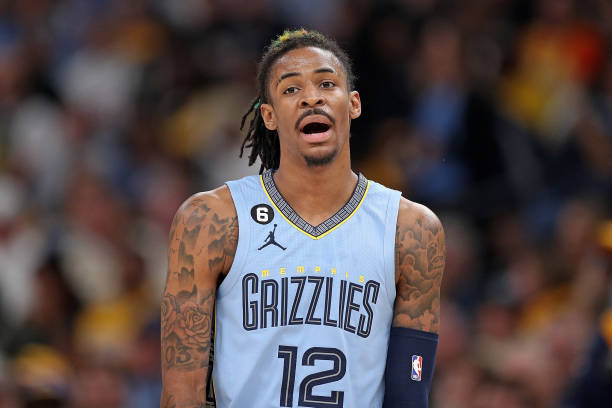 Ja Morant of the Memphis Grizzlies looks on against the Los Angeles Lakers during Game Five of the Western Conference First Round Playoffs at...