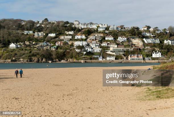 View of Salcombe, Devon, England, UK from across the estuary from Mill Bay sandy beach.