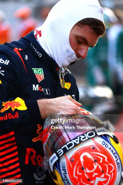 Second placed qualifier Max Verstappen of the Netherlands and Oracle Red Bull Racing looks on in parc ferme during qualifying ahead of the F1 Grand...