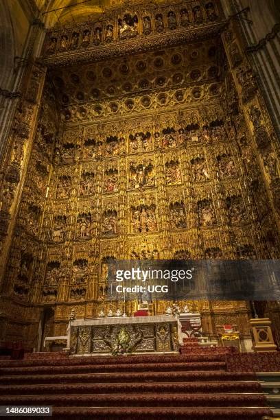 The carved altarpiece of the life of Christ designed and begun by Spanish-Flemish artist Pedro Dancart, also known as Pierre Dancart . Seville...